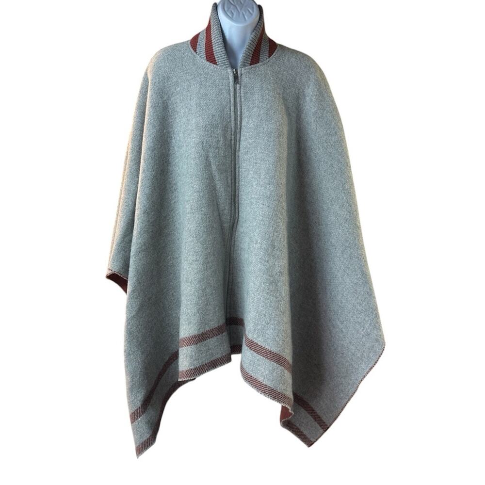 Rag & Bone Varsity Zip Poncho Wool Blend Cape Gray Red One Size Italy